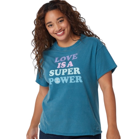 NWT Life is Good LOVE IS A SUPER POWER Women's Relaxed Crusher Tee BLUE Size XS - Picture 3 of 12